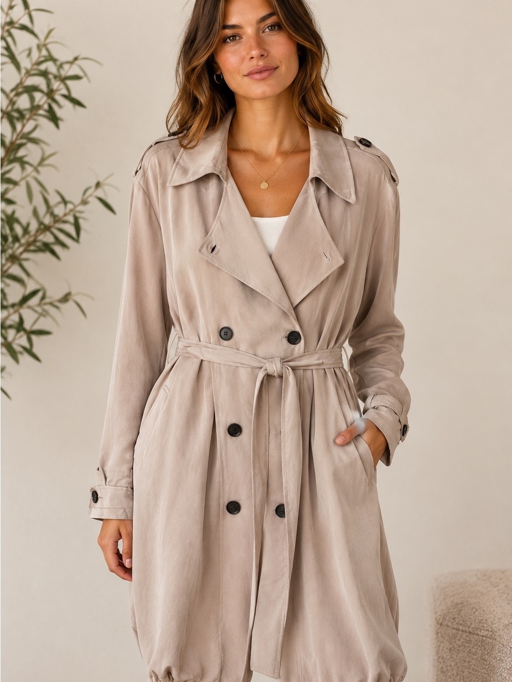 ALLSAINTS Women’s Draped Trench Coat Medium Beige Taupe Belted Double Breasted